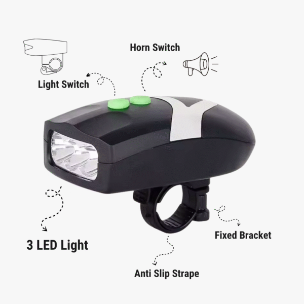 Bicycle LED Headlight with Horn – 3 LED Beams | 3 Sound Sirens | ABS Body | Detachable Mount - Image 5