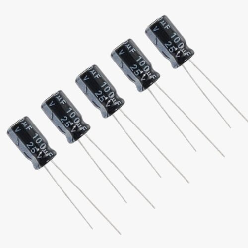 100uF 25V Polarized Electrolytic Capacitor – Pack of 5