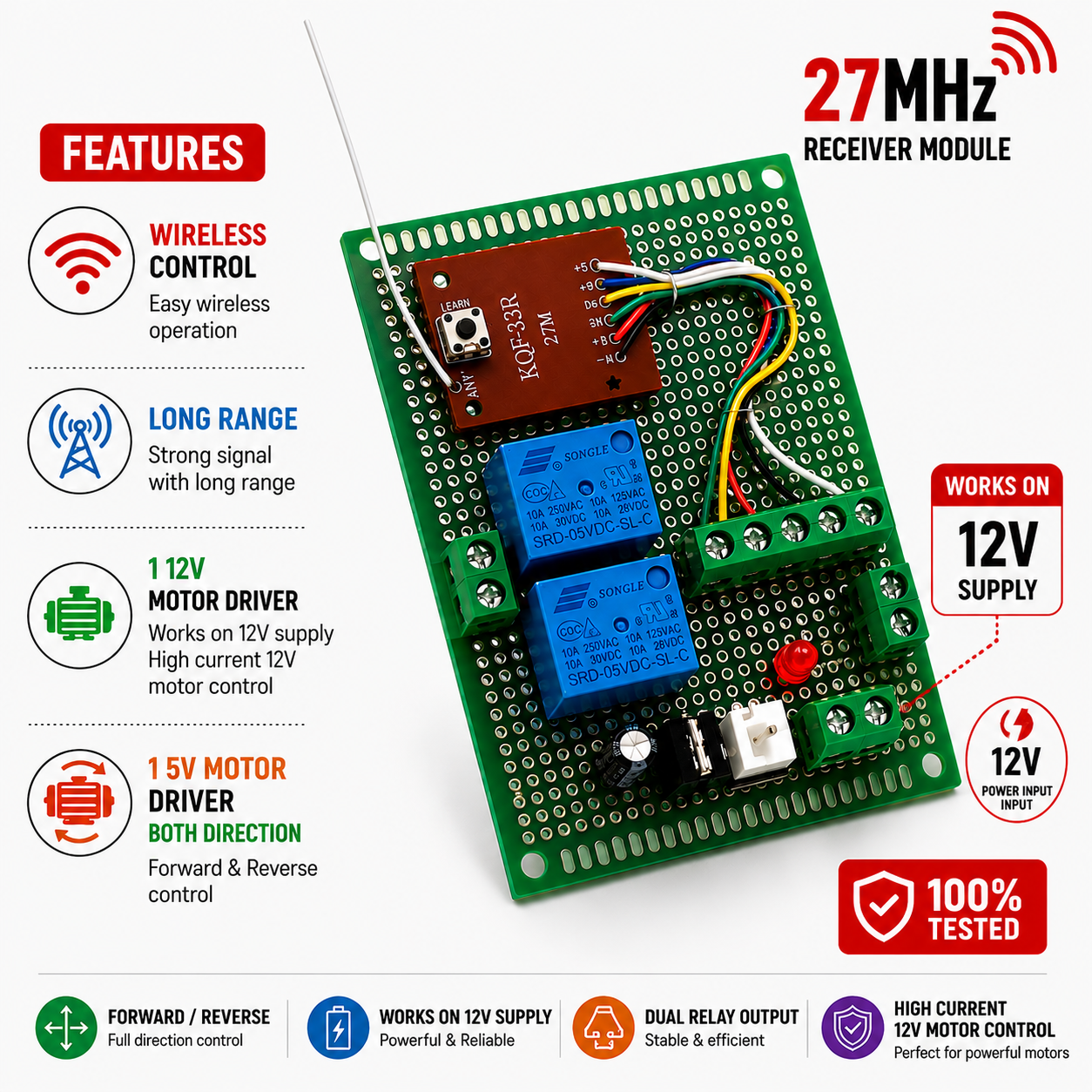 27MHz Wireless Remote Control Kit for 12V & 5V Motors - Image 2