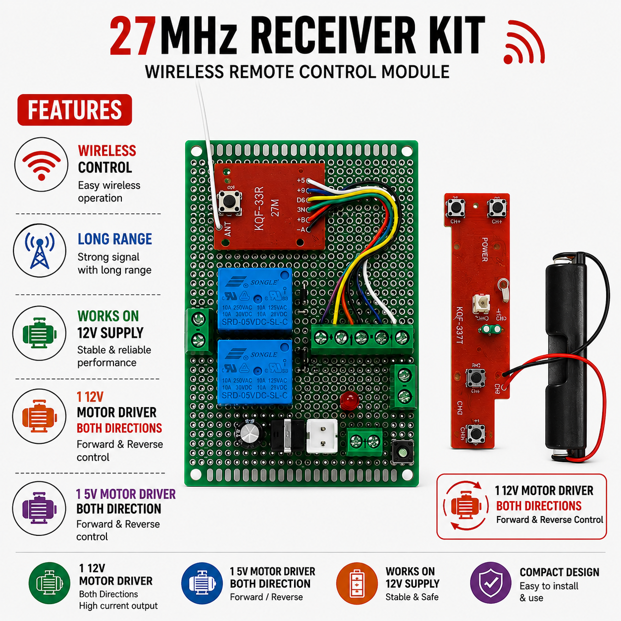 27MHz Wireless Remote Control Kit for 12V & 5V Motors - Image 3