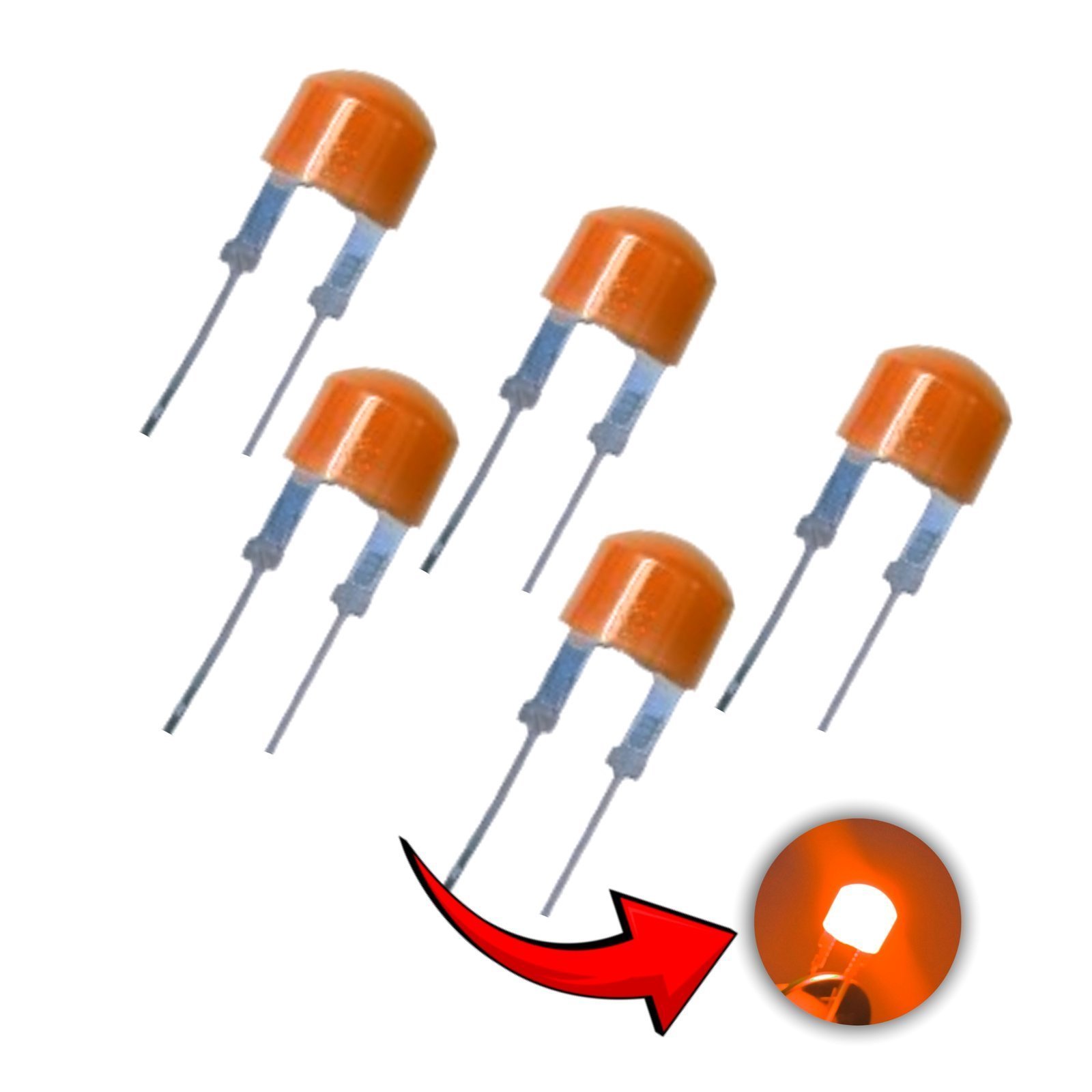 Diffused Orange LED-8MM Crystal Transparent - 5 Pcs Pack
